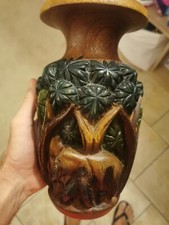 Hand Carved Wood 3D VASE Sculpture India Art Elephant Jungle Palm Tree