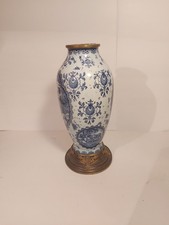 PIED DE LAMPE OU VASE ANCIEN DECOR DELFT  FLORAL BLEUTÉ .