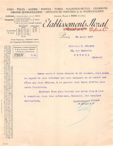 1917 facture fers etab nozal - ,