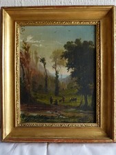 Tableau peinture ancienne 19 siècle paysage campagne bord rivière vache berger