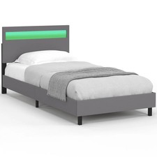 Lit simple NEO avec tête de lit LED intégrées et sommier 90 x 190 cm PVC gris