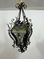 Ancienne lanterne extérieure Fer forgé Vitraux et verre opalescent  An 40's