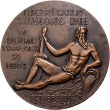 France, Médaille, SNCF, Électrification Strasbourg-Bâle, 1957, Bronze, SUP