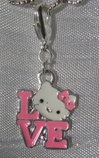 1 CHARM KITTY CHAT LOVE ROSE & BLANC SUR MOUSQUETON METAL ARGENTE *V428