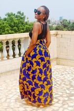 Jupe longue en Wax taille haute  couleur vibrante Motifs Fleurs de Mariage Jaune