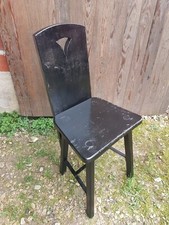 Ancienne Chaise Alsacienne Montagne Bois Noir Dossier Forme Ajouré Vintage #A662
