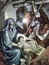 ANCIEN VITRAIL SUSPENDRE/VITRAUX/religieux/SIGNE/XXé/24x32cm/0,7 kg/N5/Nativité 