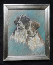 Tableau Ancien * Chiens de Chasse Pastel Signé dans Cadre Bois Argent sous Verre