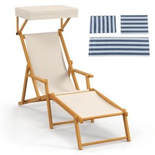 Chaise Longue en Bois de Bouleau Chaise Longue de Plage Pliable avec Canopée Ré