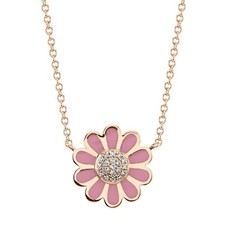 Rose Émail Diamant Collier Fleur 14K or Rose 0.04 CT Naturel Rond Coupe