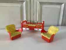 24⚜️ Ancien Mobilier de Poupée 1 Lit et 2 Fauteuils Orange Vintage