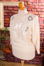 Pull Vintage Années 80 En Laine Angora Crème Blanc Patchwork Boho S M