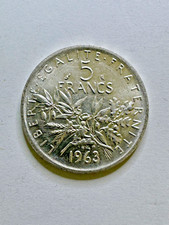 Pièce 5 Francs Français Argent Semeuse 1963 . État Splendide : SPL