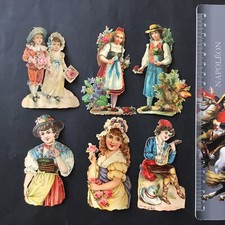 6 Chromos Personnages Ancien Gaufré XIXè Découpis Victorian Scrap Oblaten