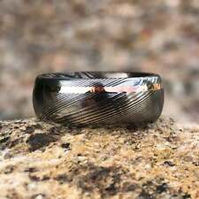 8mm Black Damascus Steel Rose Gold Inlay Wedding Ring