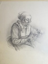 Ecole FRANCAISE XIX DESSIN PORTRAIT VIEILLE FEMME COUTURE TISSAGE LAINE LUNETTES