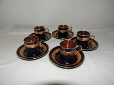 5  ANCIENNES TASSES SOUS-TASSE LITRON PORCELAINE LIMOGES D'ART BLEU DE FOUR  OR