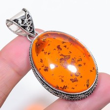Pendentif ovale bijou vintage en argent sterling 925 pierre précieuse ambre j...