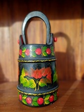 GRAND POT A ANSE RABATABLE HAUTEUR 30 CM EN BOIS PEINT UKRAINIEN VINTAGE