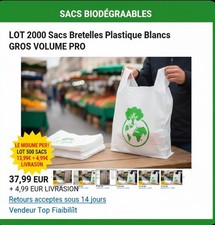 LOT 2000 Sacs Bretelles Plastique Blancs PRO 26x12x45 cm GROS VOLUME
