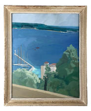 Beau tableau bord de mer,  avant-port dans la baie de Cannes en été  1950 SCHWAB