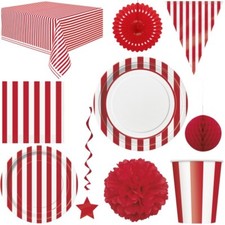 Rouge Rayures Fête Anniversaire Assiette en Carton Vaisselle Jetable Déco Blanc