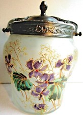 Seau à biscuits 1880, Pot en verre torsadé émaillé Legras: Semis de violettes