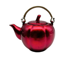 ? Vintage Théière Rouge Métallique Design Citrouille – Rare Collection Déco