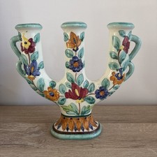 Bougeoir Monaco En Faïence Motif Floral - 3 Branches - Signé Cérart