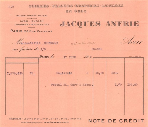 Facture 1922 soieries - facture,