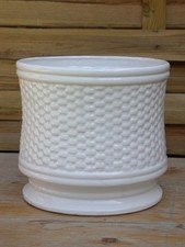 Cache pot ancien céramique faïence barbotine relief osier tressé vintage blanc