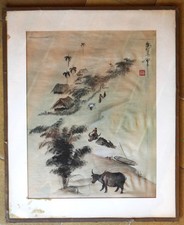 Tableau japonais peinture sur soie: paysans et buffles