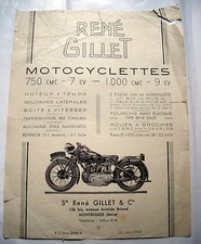 Fiche Catalogue  MOTO / SIDE-CAR RENE GILLET 750  - 1 pages recto verso
