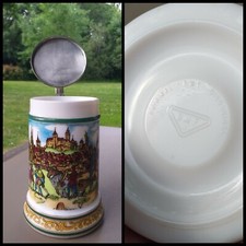  CHOPE À BIÈRE EN CÉRAMIQUE ÉMAILLÉE "ORIGINAL BMF 8 BIERSEIDEL" COUVERCLE ÉTAIN