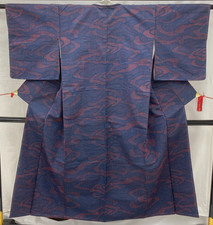 Kimono japonais vintage soie marine tumugi traditionnel authentique longueur ...
