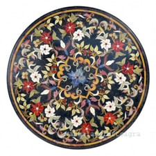 30 " Noir Marbre Café Table Demi Précieux Pierres Handmade Inlay Décor Maison