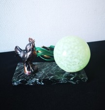 Ancienne Lampe de Table Chevet Socle Marbre Coq Boule Verte Art Déco Fonctionne