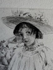 Alden WEIR Weyr Gravure Eau Forte Etching Portrait Jeune Petite Fille Chapeau