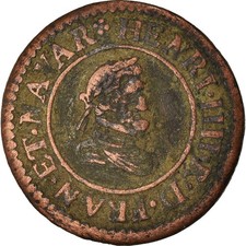 Monnaie, France, Henri IV, Denier Tournois, 1607, Lyon, TB+, Cuivre