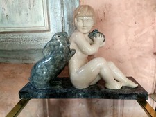 Genevieve GRANGER Grande sculpture en céramique craquelé ART DECO Fille lapins *