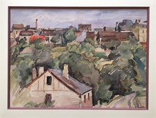 Rageade André aquarelle et encre signée paysage campagne village France