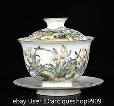 4.2" Marked Old Chinese Famille Pastel Porcelain Flower Lid Bowl Tray Pair