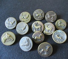 13 ANCIEN BOUTON VENERIE EQUIPAGE CHASSE LOUP LAPIN CHEVAL CERF CHIEN FAISAN ETC