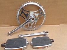 Ancien pédalier acier chromé couronne 46 dents avec pédales vélo vintage RALEIGH