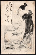 BL065 ART NOUVEAU a/s LOUIS LESSIEUX LADY WOMAN EGG BIRDS LILIES Fine LITHO 1903