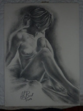 dessin original à la mine de plomb sur carton signé Alain Bedu 2014 femme assise