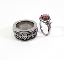 Foncé Vampire Reine Inspiré Tête de Mort Mariage Bague Parure Assorti Couple Gun