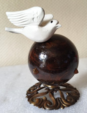 Boule d'escalier en bois avec Oiseau Blanc et Rosace en Laiton à Visser TBE