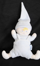 Peluche doudou lutin garçon COROLLE poupée blanc bleu rayé hochet grelot 18 cm