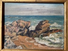 ancienne peinture huile marine Signée Georges Morvan Bord De Mer Vagues